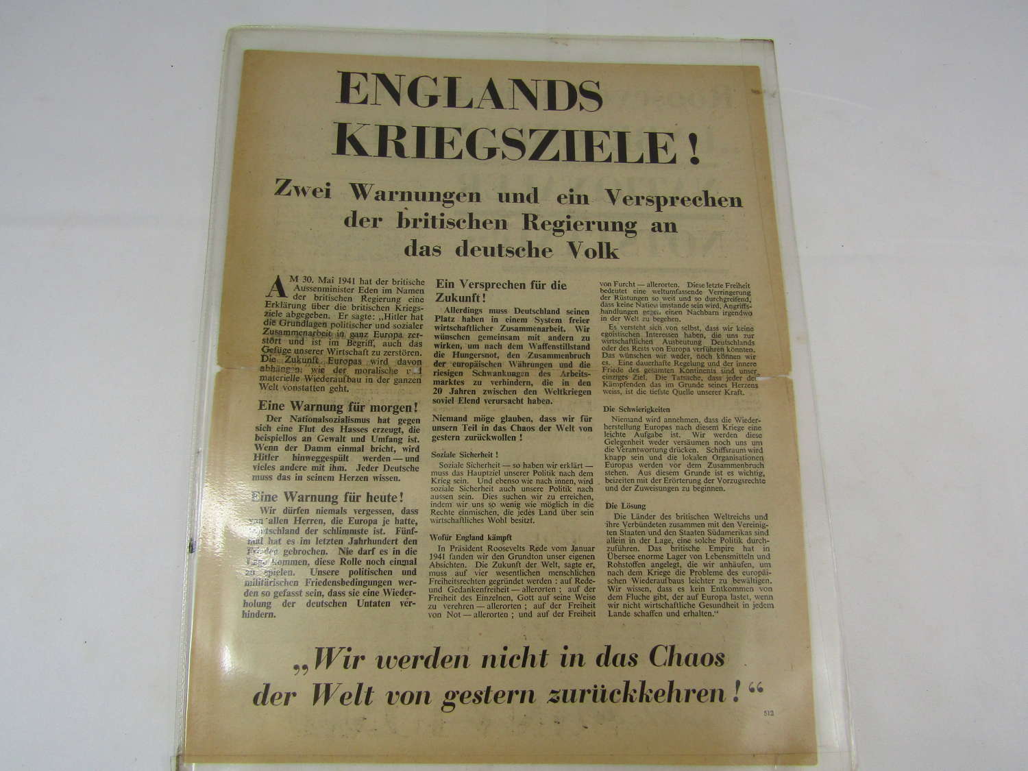 WW2 R.A.F. Aerial Leaflet German Large Size Double Sided