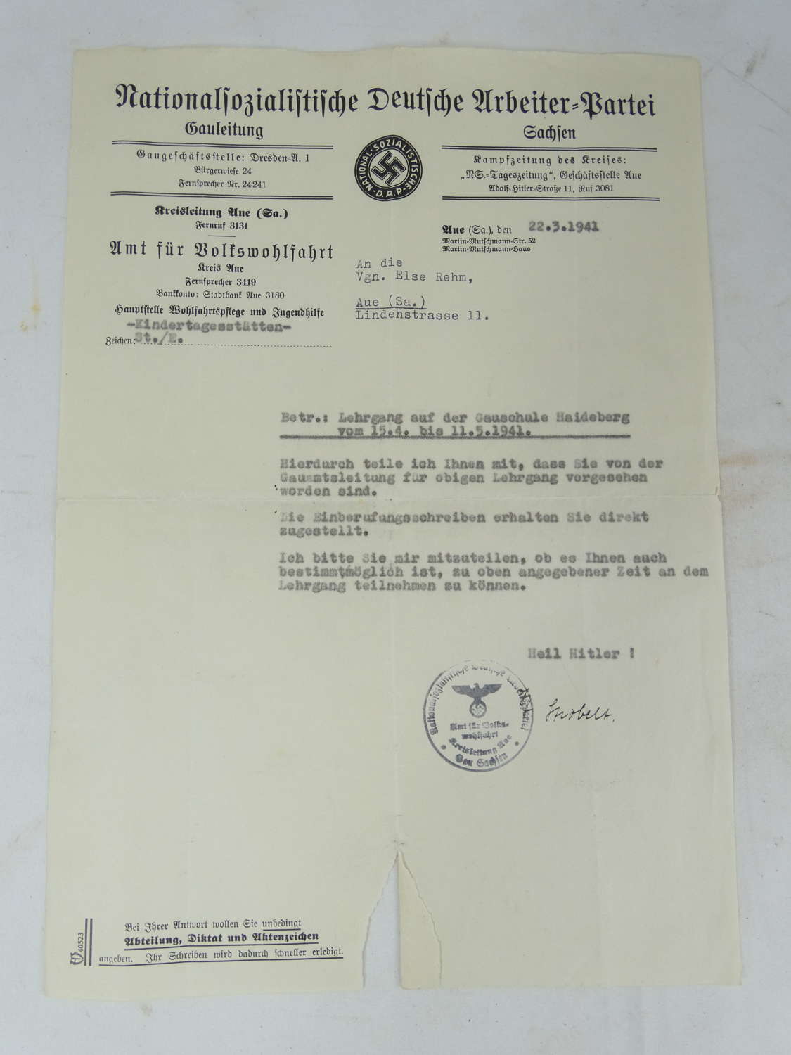 WW2 German Day Care Centres And Introduction Of New Courses Letter