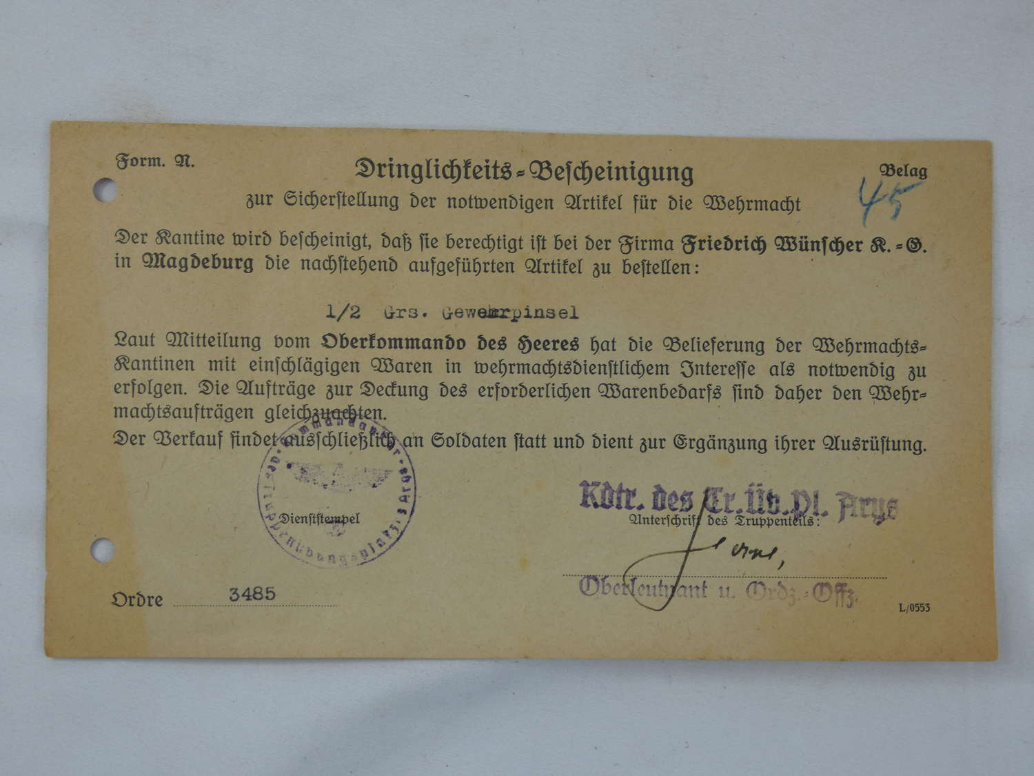 WW2 German Army Certificate Of Urgency