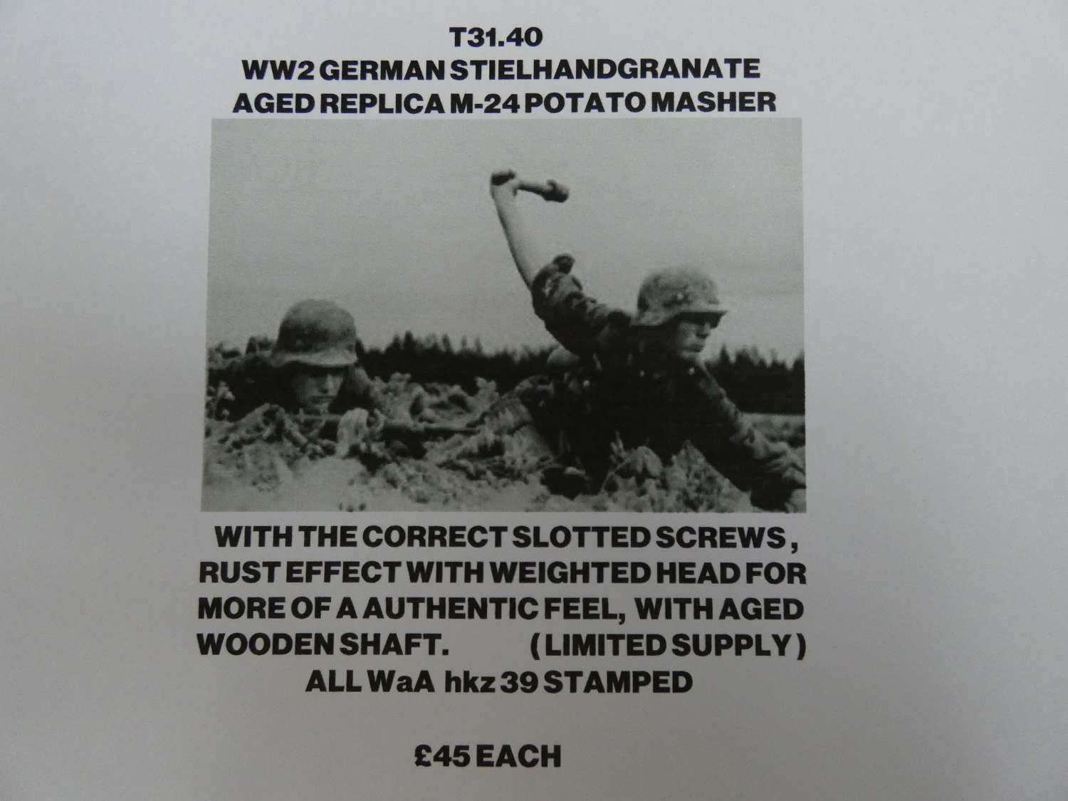 WW2 German Aged Replica M24 Stick Grenade
