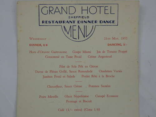 Grand Hotel French Menu ( Sheffield ) 1952