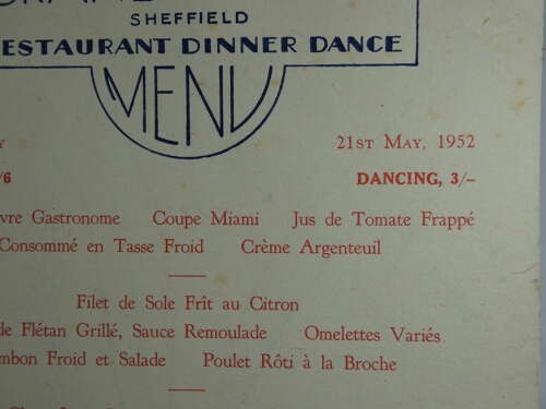 Grand Hotel French Menu ( Sheffield ) 1952