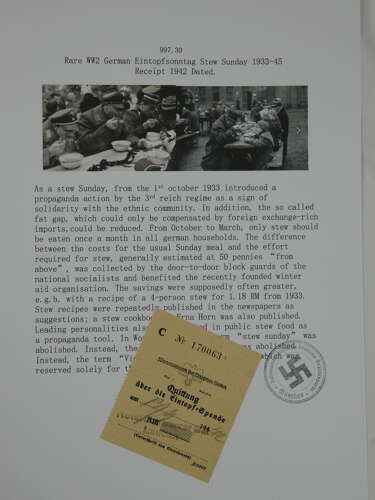 WW2 German Eintopfsonntag Stew Ration Receipt
