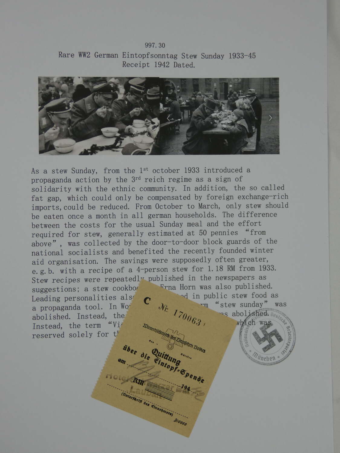 WW2 German Eintopfsonntag Stew Ration Receipt