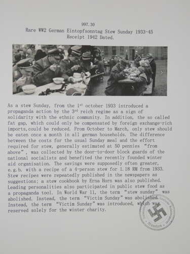 WW2 German Eintopfsonntag Stew Ration Receipt